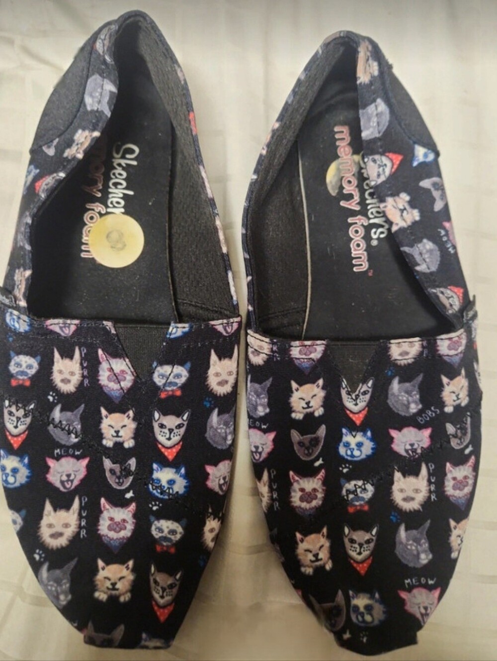 Skechers Womans Black Cat-Print Memory Foam Slip-Ons